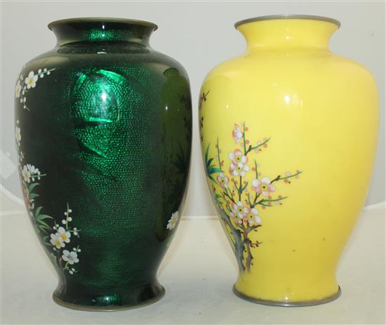 Two Japanese cloisonne enamel ovoid vases, mid 20th century, both 24.5cm, some damage, wood stands